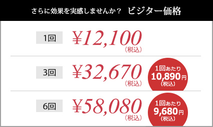 さらに効果を実感しませんか？ビジター価格：1回￥12,100（税込）、3回￥32,670（税込）、6回￥58,080（税込）