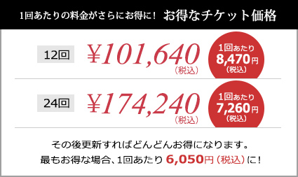 1回あたりの料金がさらにお得に！お得なチケット価格：12回￥101,640（税込）／1回あたり8,470円（税込）、24回￥174,240（税込）／1回あたり7,260円（税込）｜その後更新すればどんどんお得になります。最もお得な場合、1回あたり 6,050円(税込)