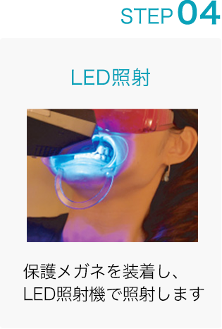 STEP 04: LED照射 保護メガネを装着し、LED照射機で照射します